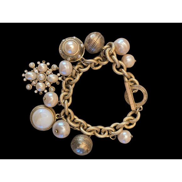 Vintage Carolee Gold-Tone Chain Bracelet With Faux Pearls & Rhinestone Accents T - Picture 1 of 5